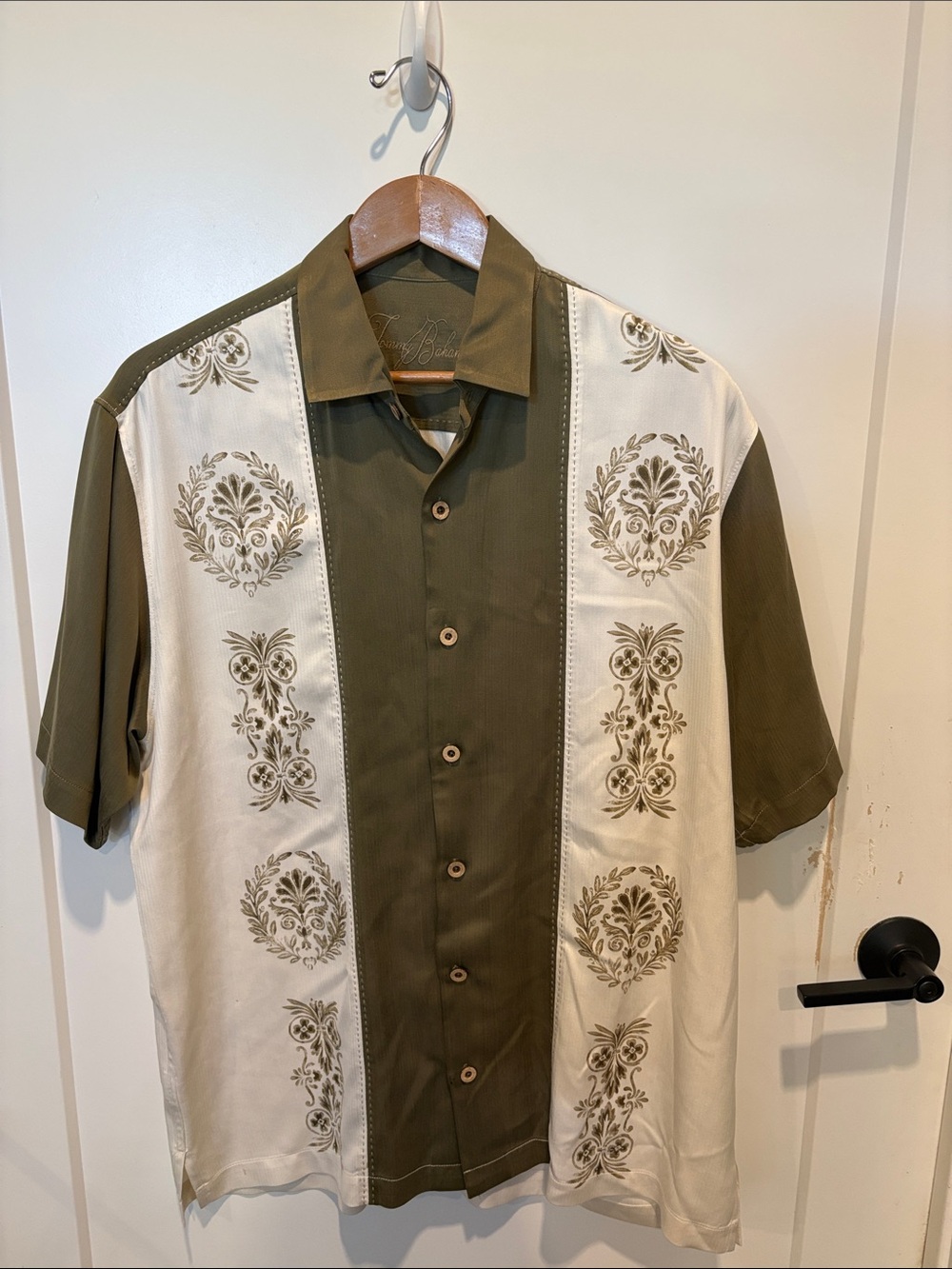 Tommy Bahama Olive and Cream Embroidered Panel Camp Shirt